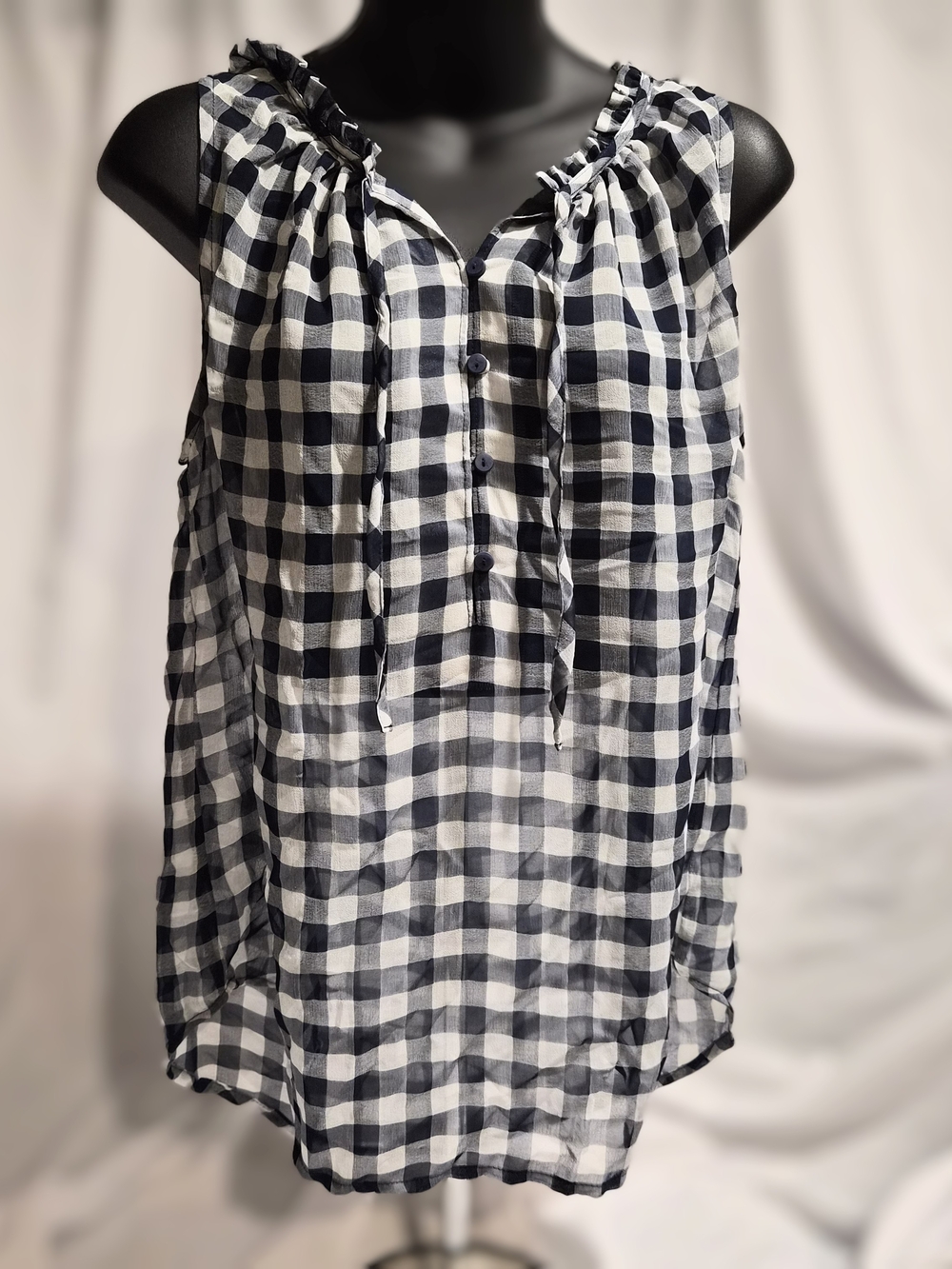 Liz Claiborne‎ Navy & White Gingham Ruffle Blouse